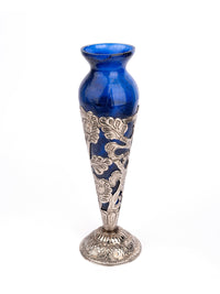 Antique Finish Aluminium wrapped Blue Glass Flower Vase - 13 inches height - The Heritage Artifacts