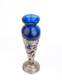 Antique Finish Aluminium wrapped Blue Glass Flower Vase - 13 inches height - The Heritage Artifacts