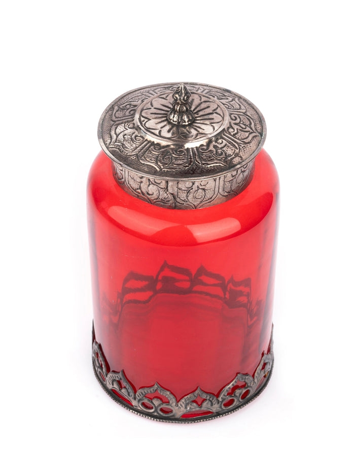 Red Glass Container with Vintage look Metal design on Top and Bottom - The Heritage Artifacts