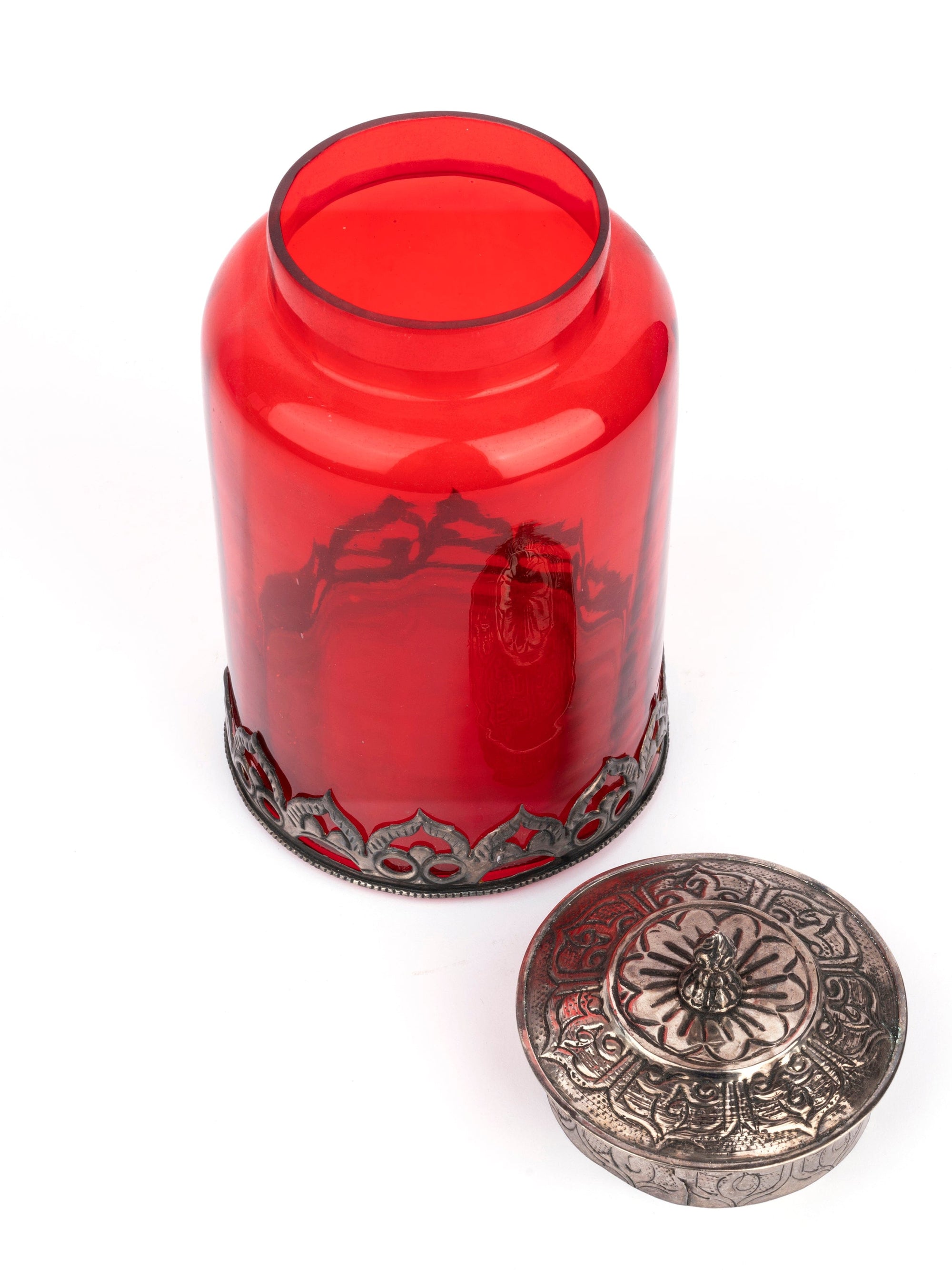 Red Glass Container with Vintage look Metal design on Top and Bottom - The Heritage Artifacts