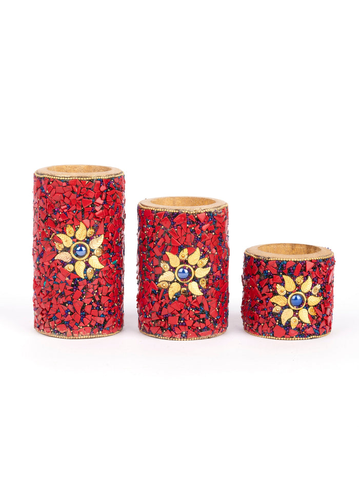Traditional Meenakari Tea Light Candle Holder Set of 3 pcs - Red - The Heritage Artifacts