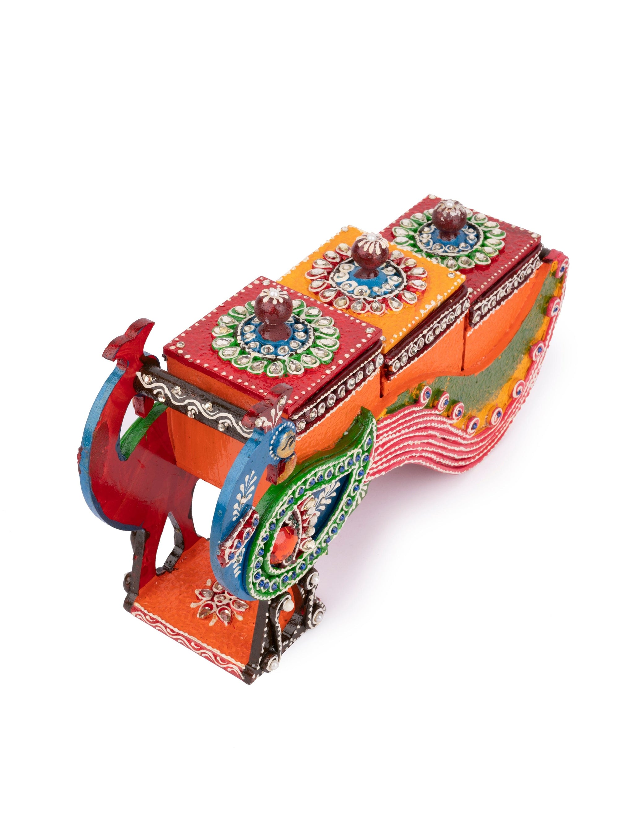 Meenakari Art Peacock Design Holder with 3 Containers for Storing Dry fruits / Spices / Mukhwas - The Heritage Artifacts
