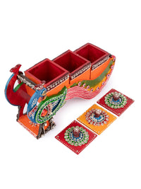 Meenakari Art Peacock Design Holder with 3 Containers for Storing Dry fruits / Spices / Mukhwas - The Heritage Artifacts