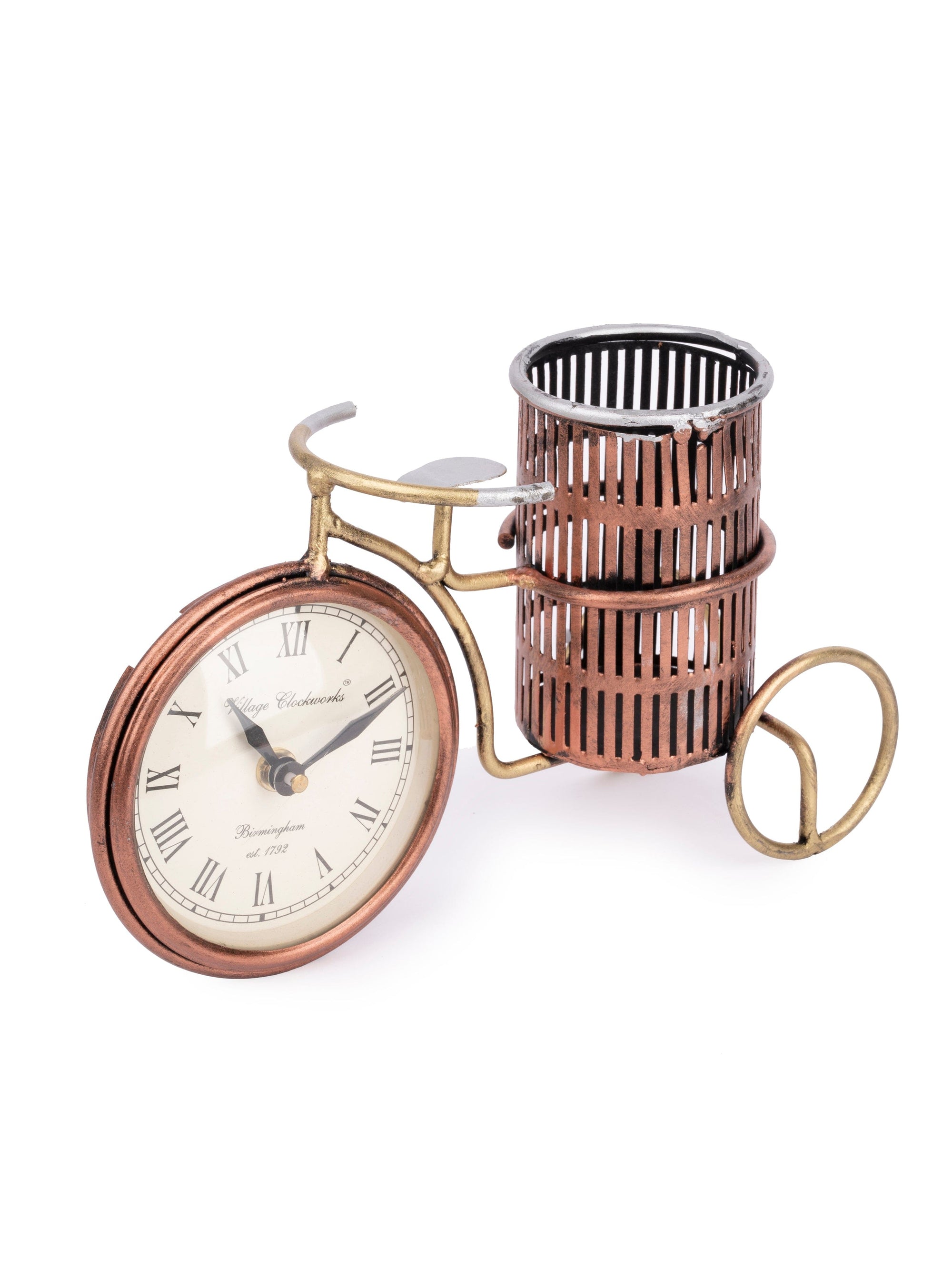 Cycle Design Pen / Pencil Holder with Clock for Desktop Use - The Heritage Artifacts