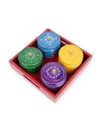 Meenakari Work Dry Fruit Storage Set with 4 Containers and 1 Rotating Tray - The Heritage Artifacts