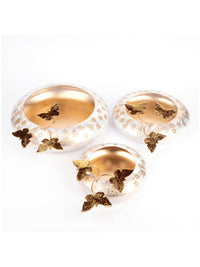 Metal crafted White and Gold Butterfly Urli / Bowl Set of 3 pcs - The Heritage Artifacts