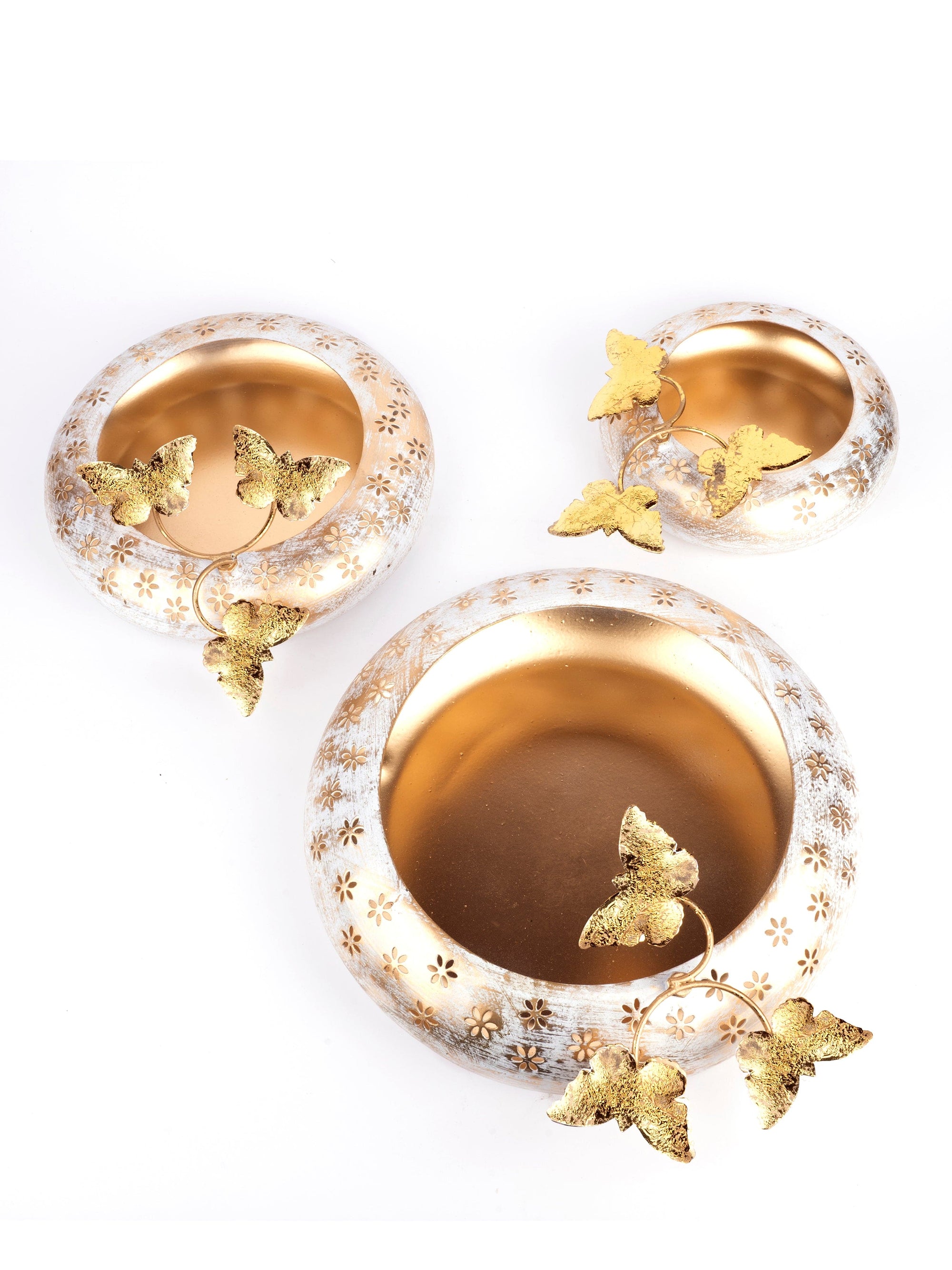 Metal crafted White and Gold Butterfly Urli / Bowl Set of 3 pcs - The Heritage Artifacts