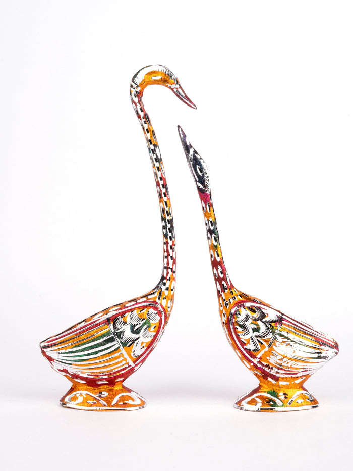 Zinc Metal Handcrafted Pair of Swan Colorful Showpiece - 8 inches height - The Heritage Artifacts
