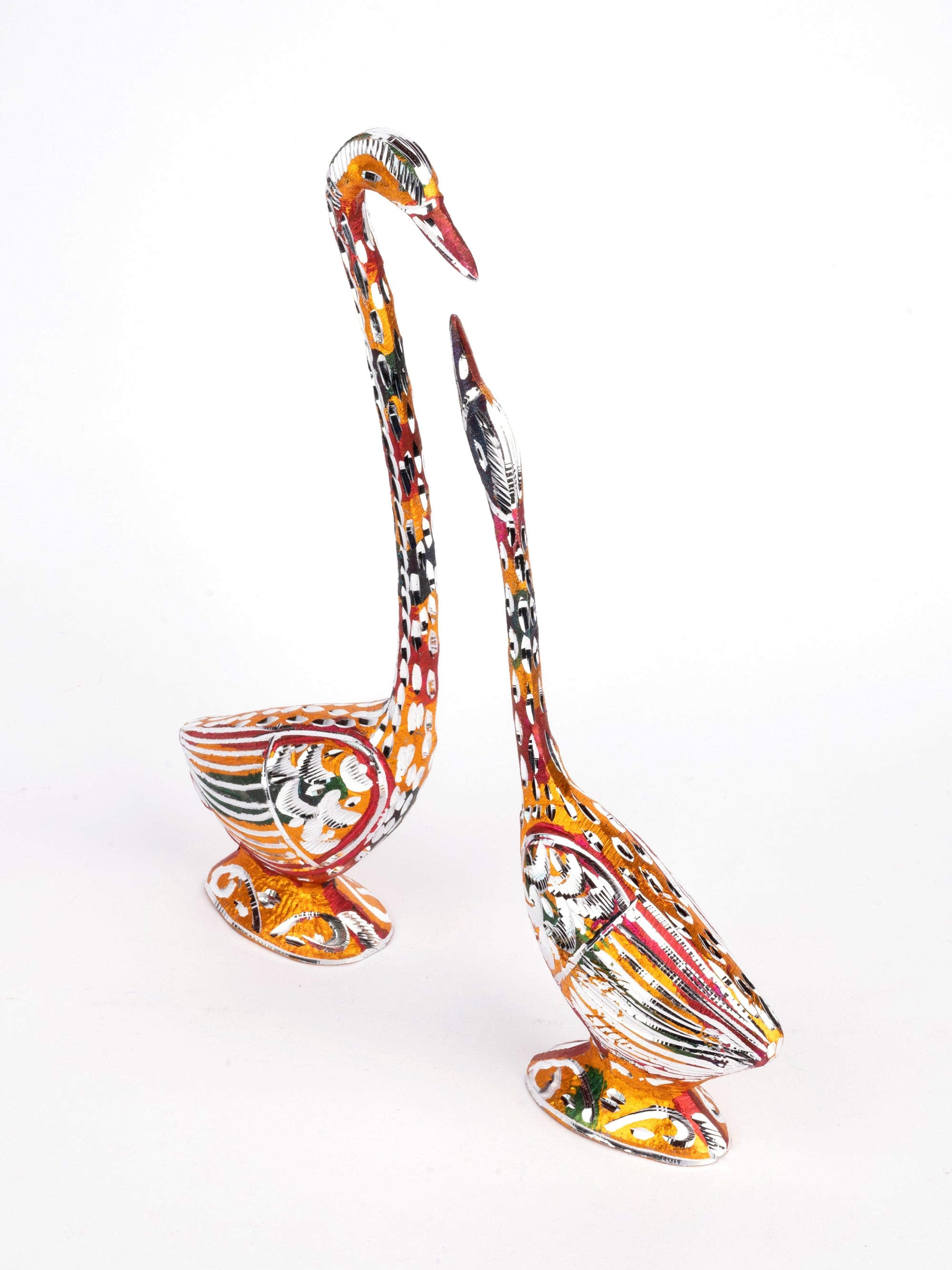 Zinc Metal Handcrafted Pair of Swan Colorful Showpiece - 8 inches height - The Heritage Artifacts