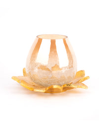 Lotus Shaped Crackled Glass Tea Light Candle Holder with Metal Base - The Heritage Artifacts