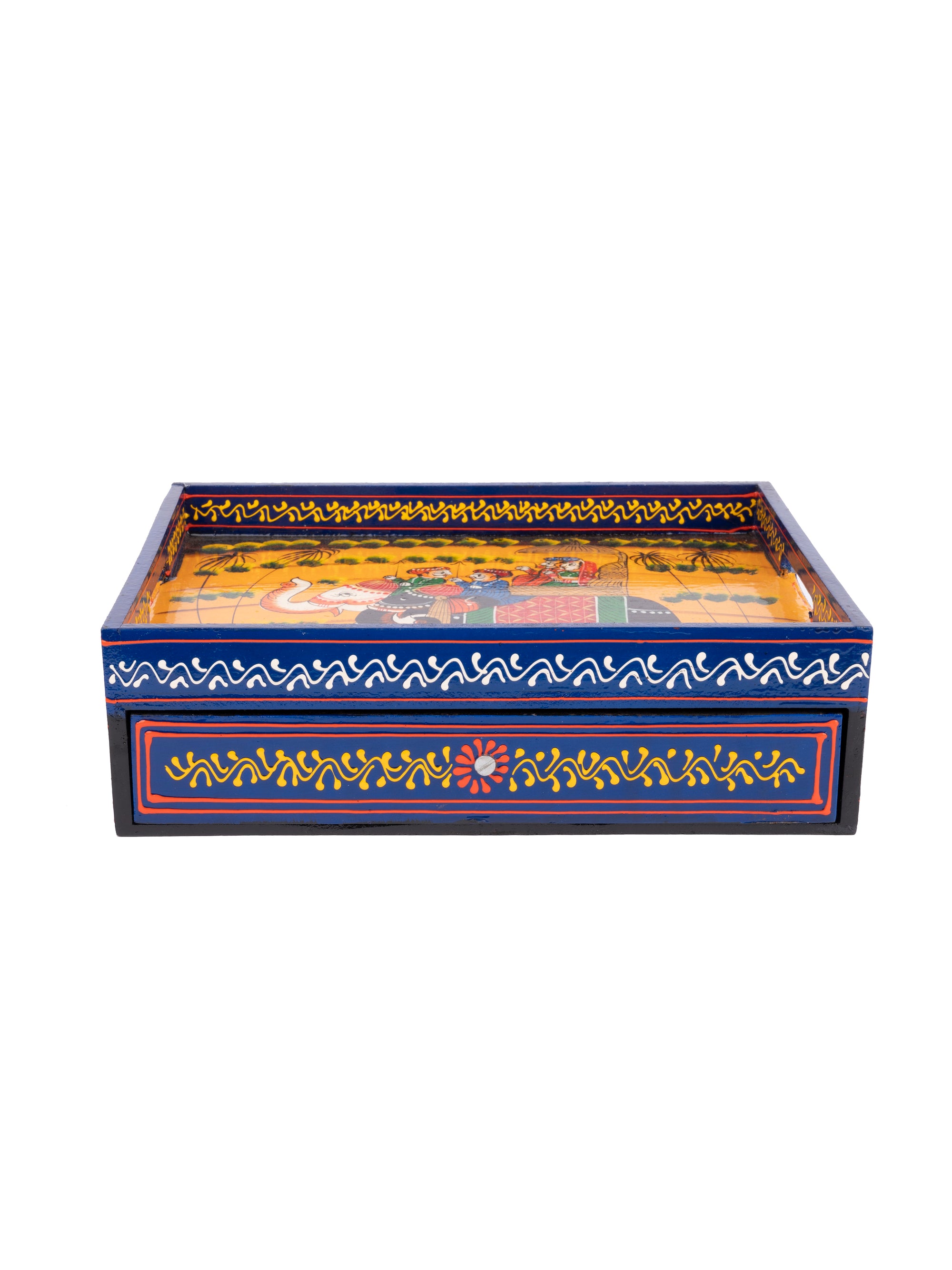 Colorful Hand Painted Square Wooden Tray with Drawers - The Heritage Artifacts