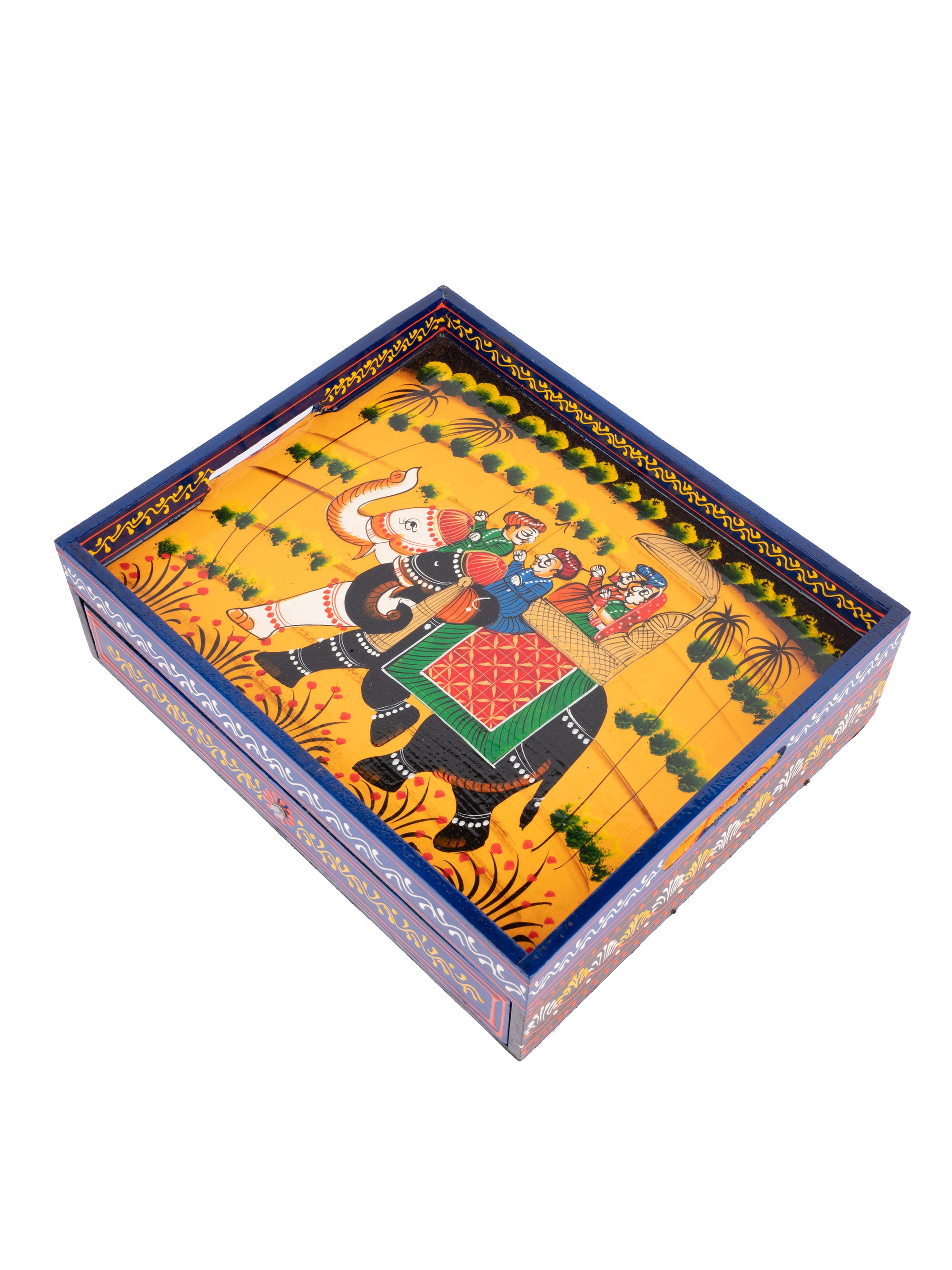 Colorful Hand Painted Square Wooden Tray with Drawers - The Heritage Artifacts
