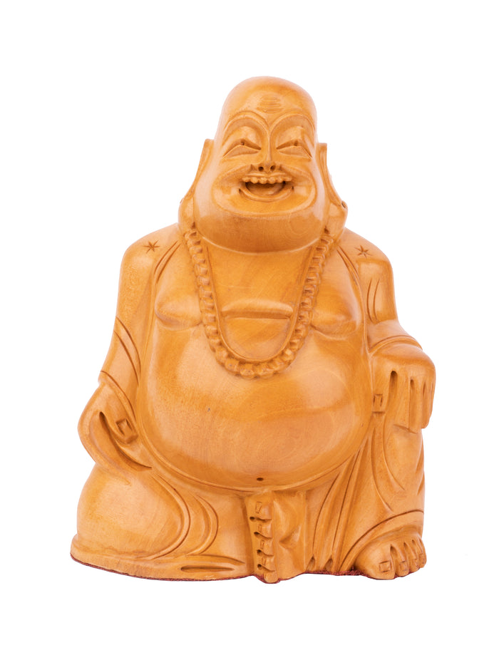 Laughing Buddha statue carved in kadam wood - 6 inches height - The Heritage Artifacts