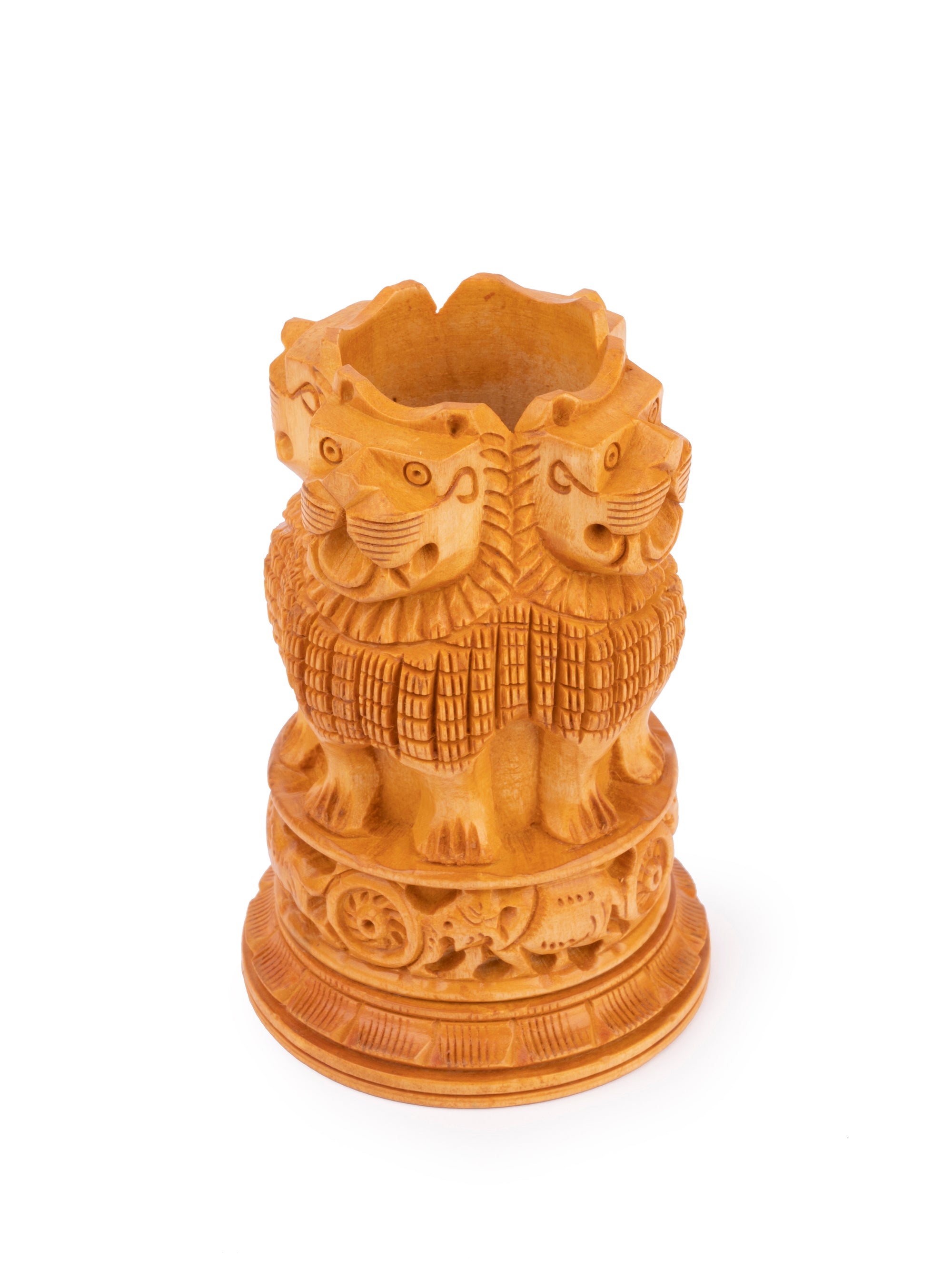 Kadam wood carved Ashok Stambh Pen / Pencil holder - 4 inches height - The Heritage Artifacts