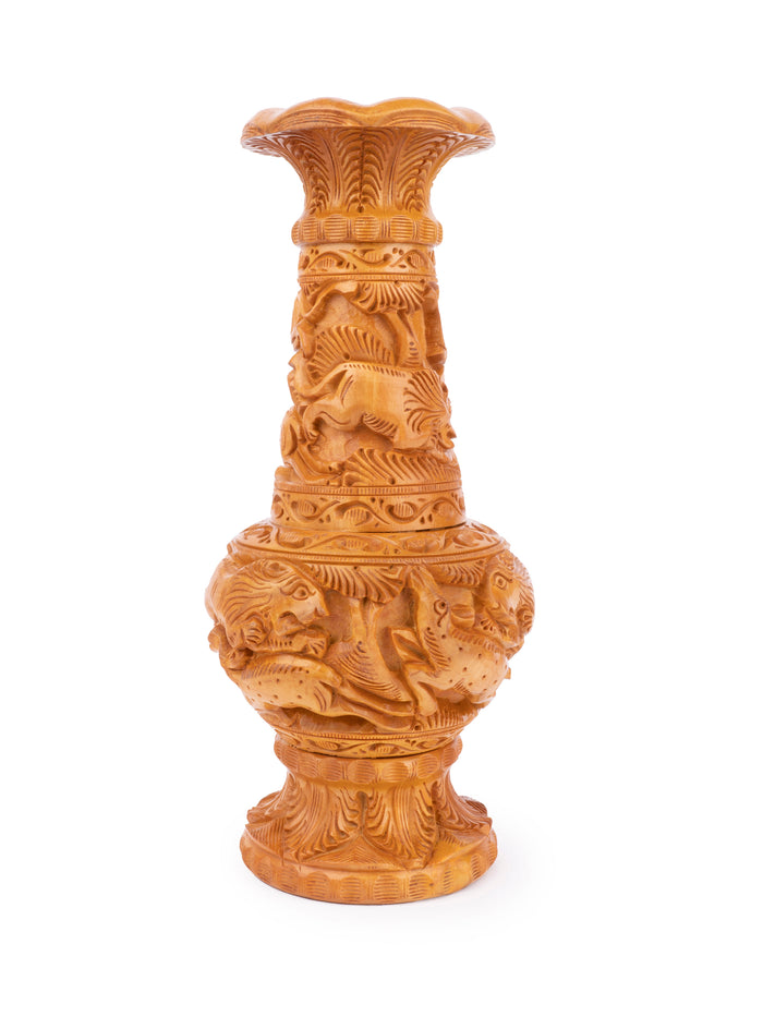 Exclusive Flower Vase intricately hand crafted of Kadam wood - 10 inches height - The Heritage Artifacts