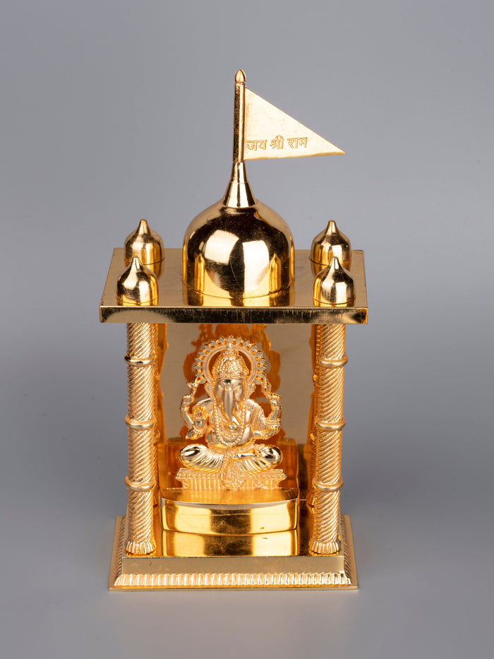 Small Gold Temple with Lord Ganesh Idol Inside - 9 inches height - The Heritage Artifacts
