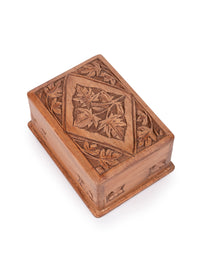 Walnut wood carved Jewellery box with Chinar leaves design on top - 6x4 inches - The Heritage Artifacts