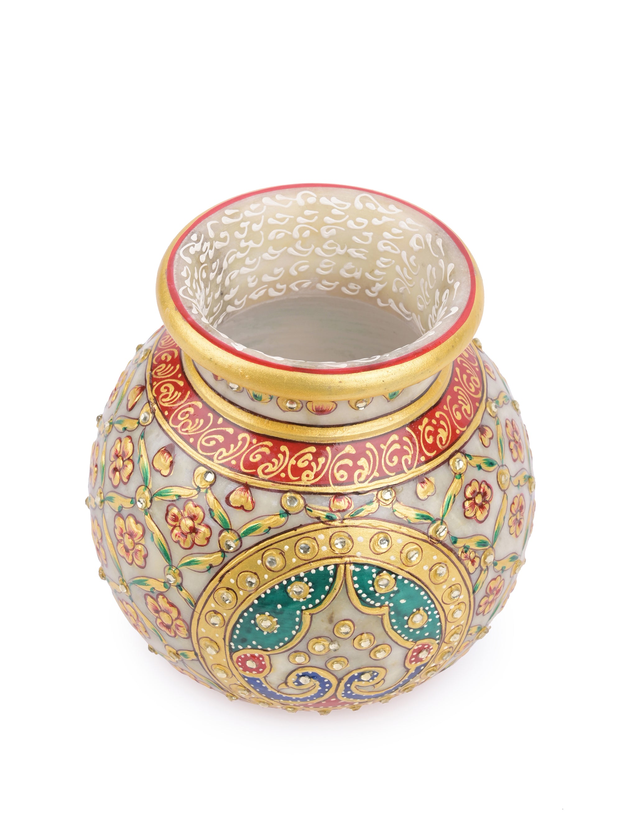 Traditional marble pitcher / kalash with meenakari flower painting - medium size - The Heritage Artifacts
