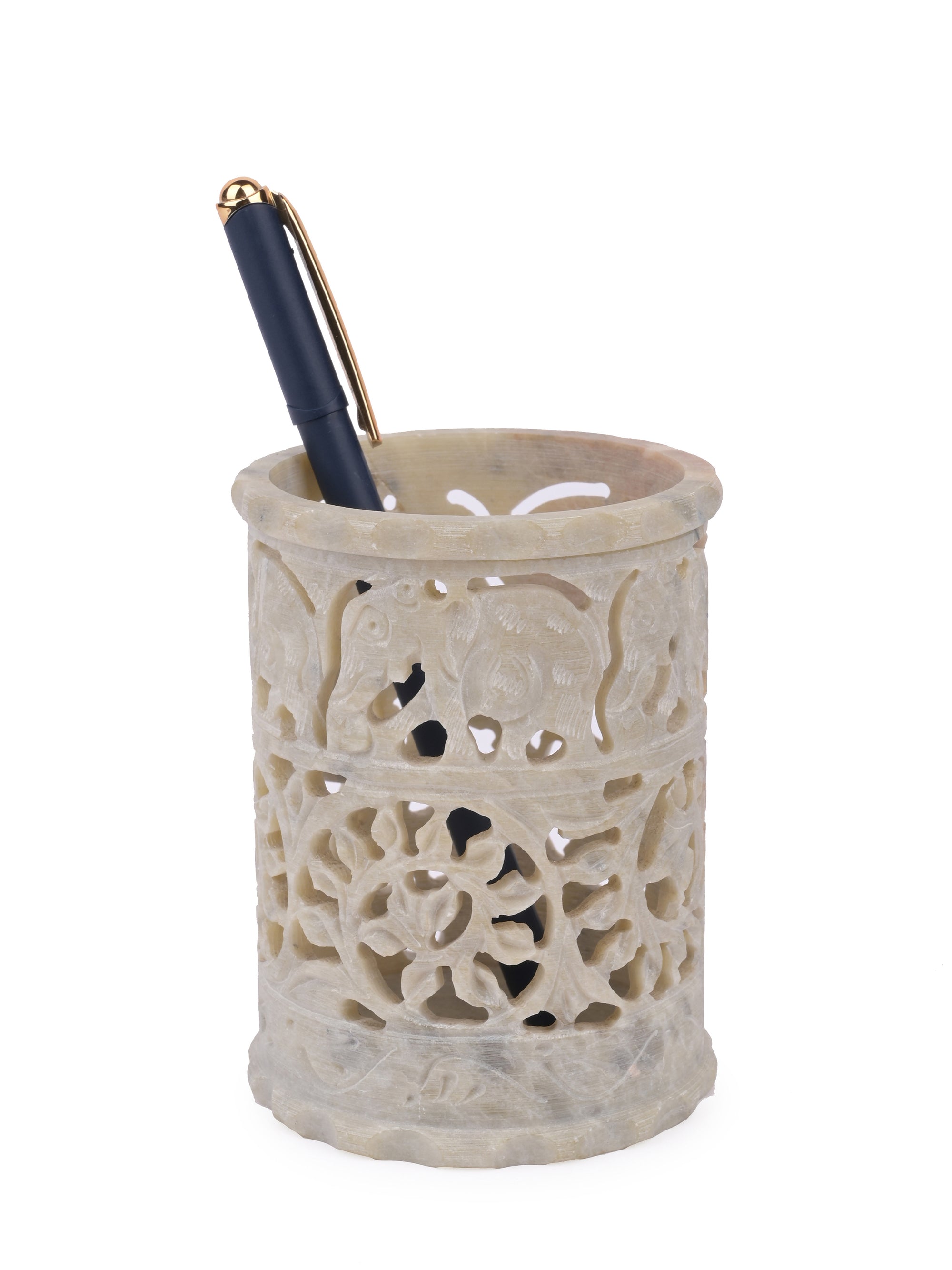 Elephant design stone crafted Pen / Pencil holder in Beige color - The Heritage Artifacts