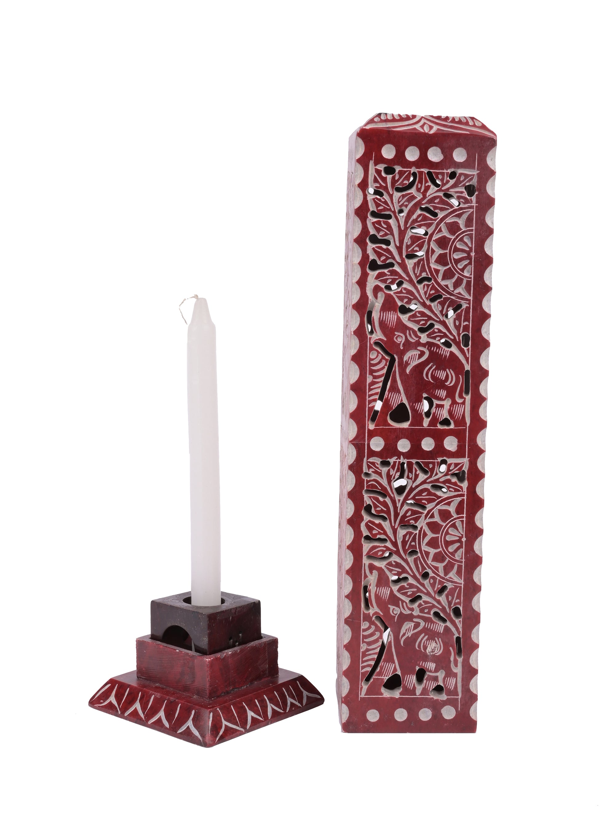 Soapstone carved colorful Agarbatti and Candle stand - 2 in 1 - 11 inches height - The Heritage Artifacts