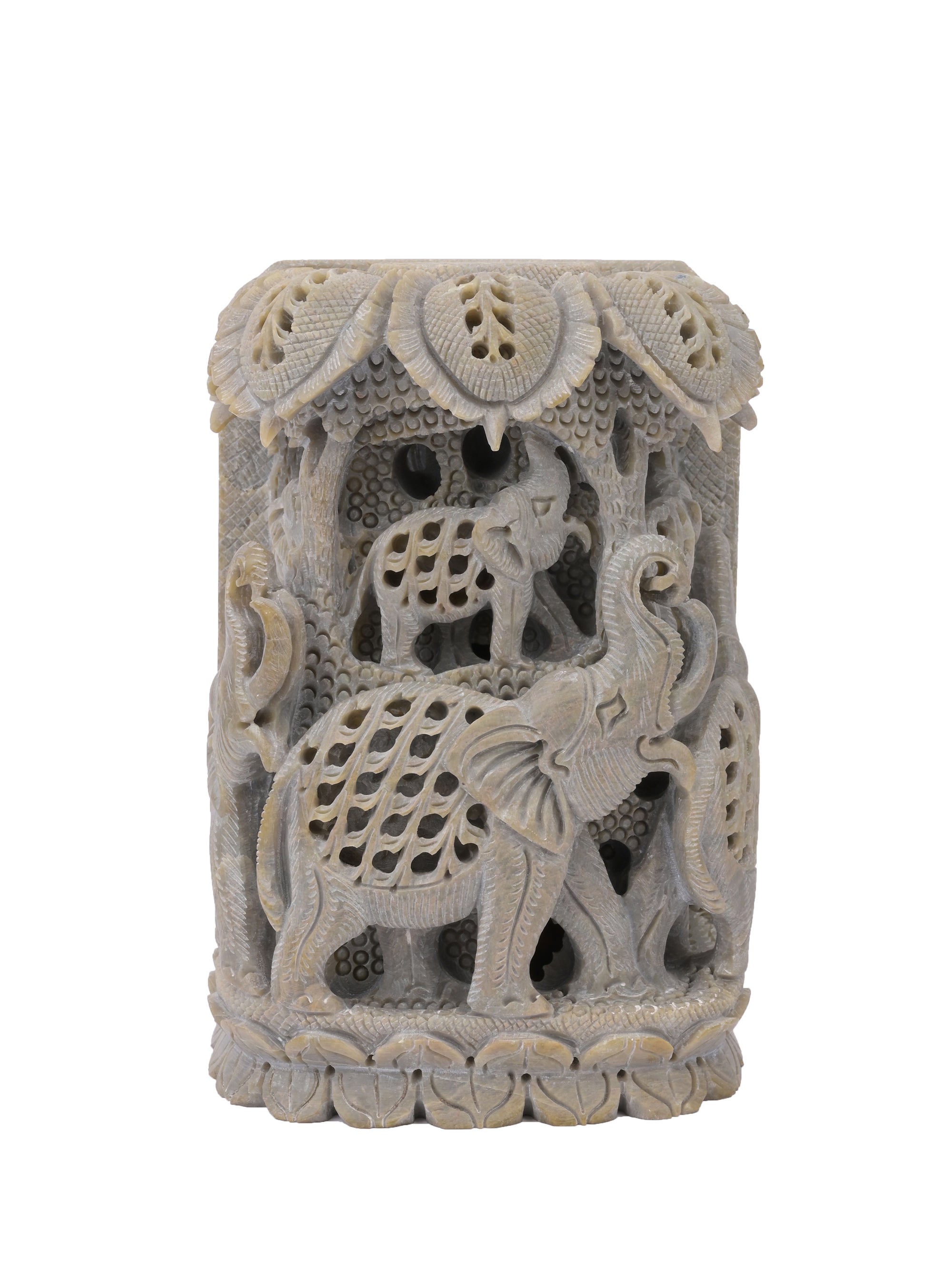 Stone carved decorative showpiece, multiple elephants under a tree - The Heritage Artifacts