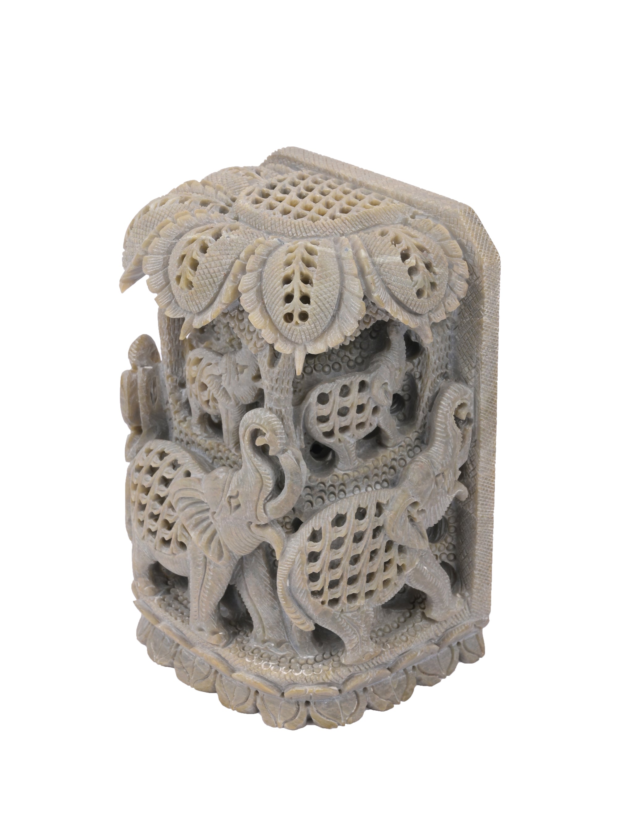 Stone carved decorative showpiece, multiple elephants under a tree - The Heritage Artifacts