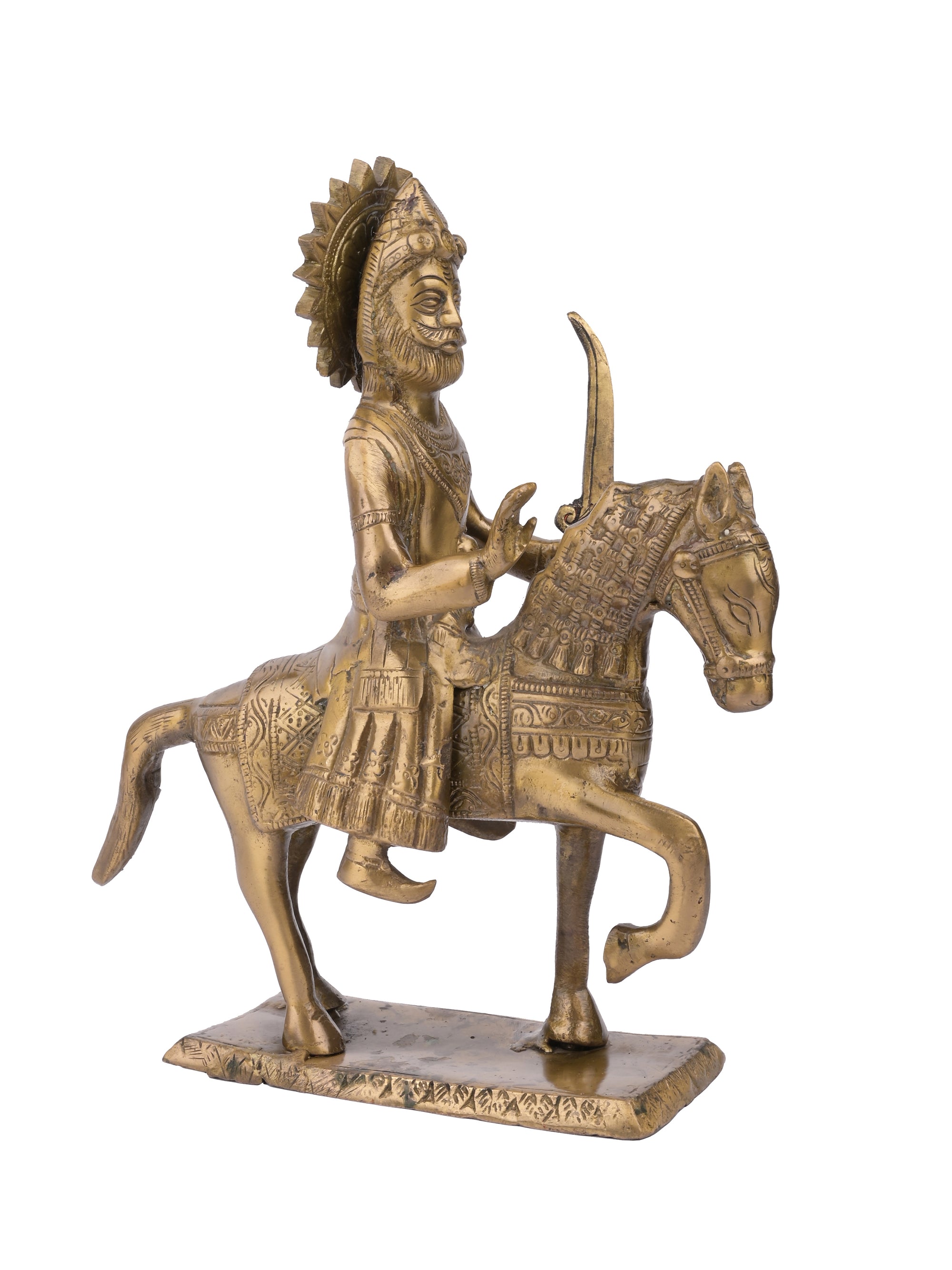 Antique Brass Statue of Maharaja Agrasen riding horse with a open sword in hand - The Heritage Artifacts