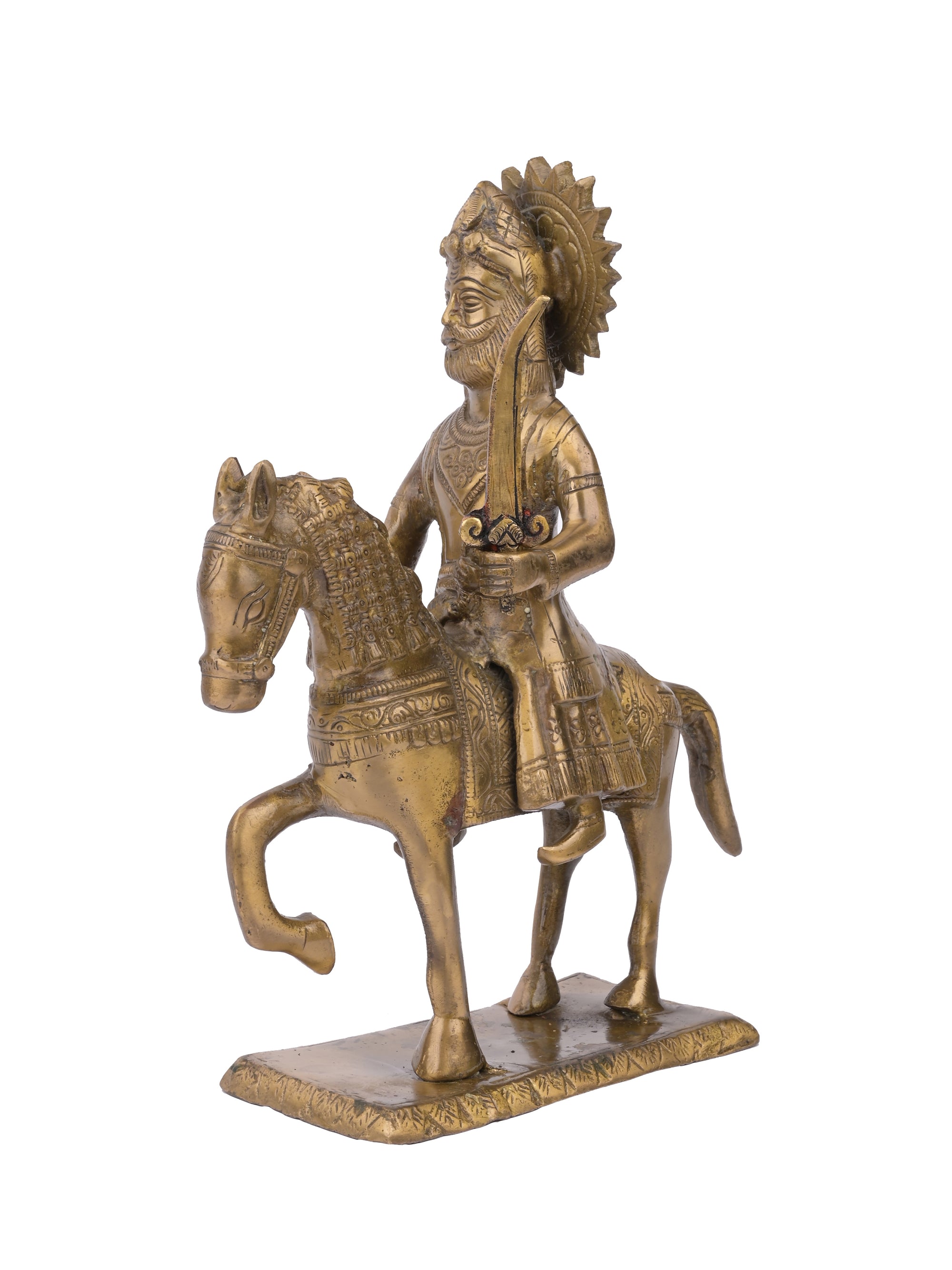 Antique Brass Statue of Maharaja Agrasen riding horse with a open sword in hand - The Heritage Artifacts