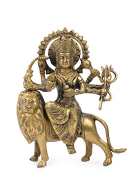 Brass idol of Goddess Durga / Sherawali Mata riding on a Lion - The Heritage Artifacts