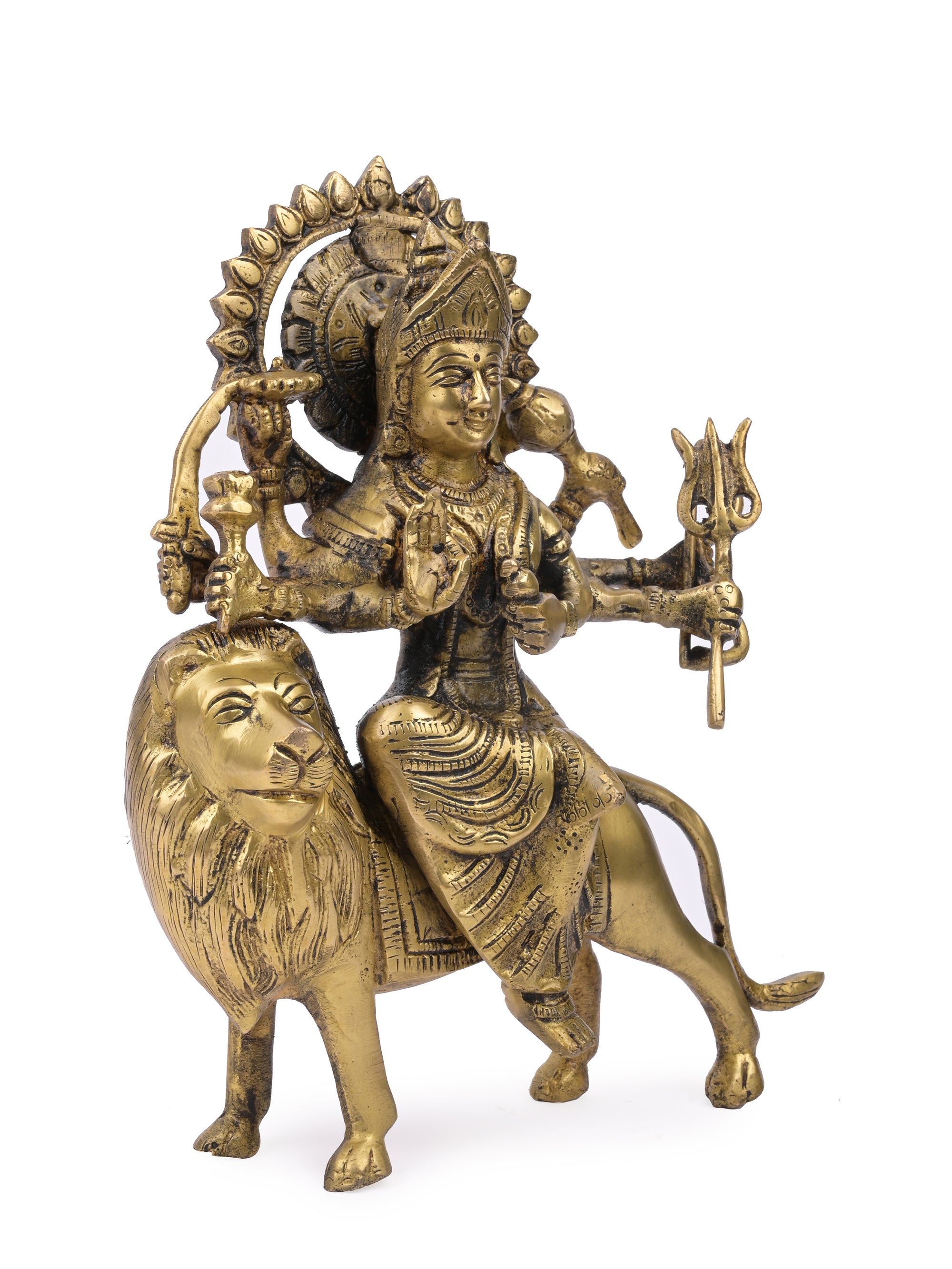 Brass idol of Goddess Durga / Sherawali Mata riding on a Lion - The Heritage Artifacts