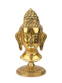 Antique gold finish metal Buddha Head on a stand - 11 inches height - The Heritage Artifacts