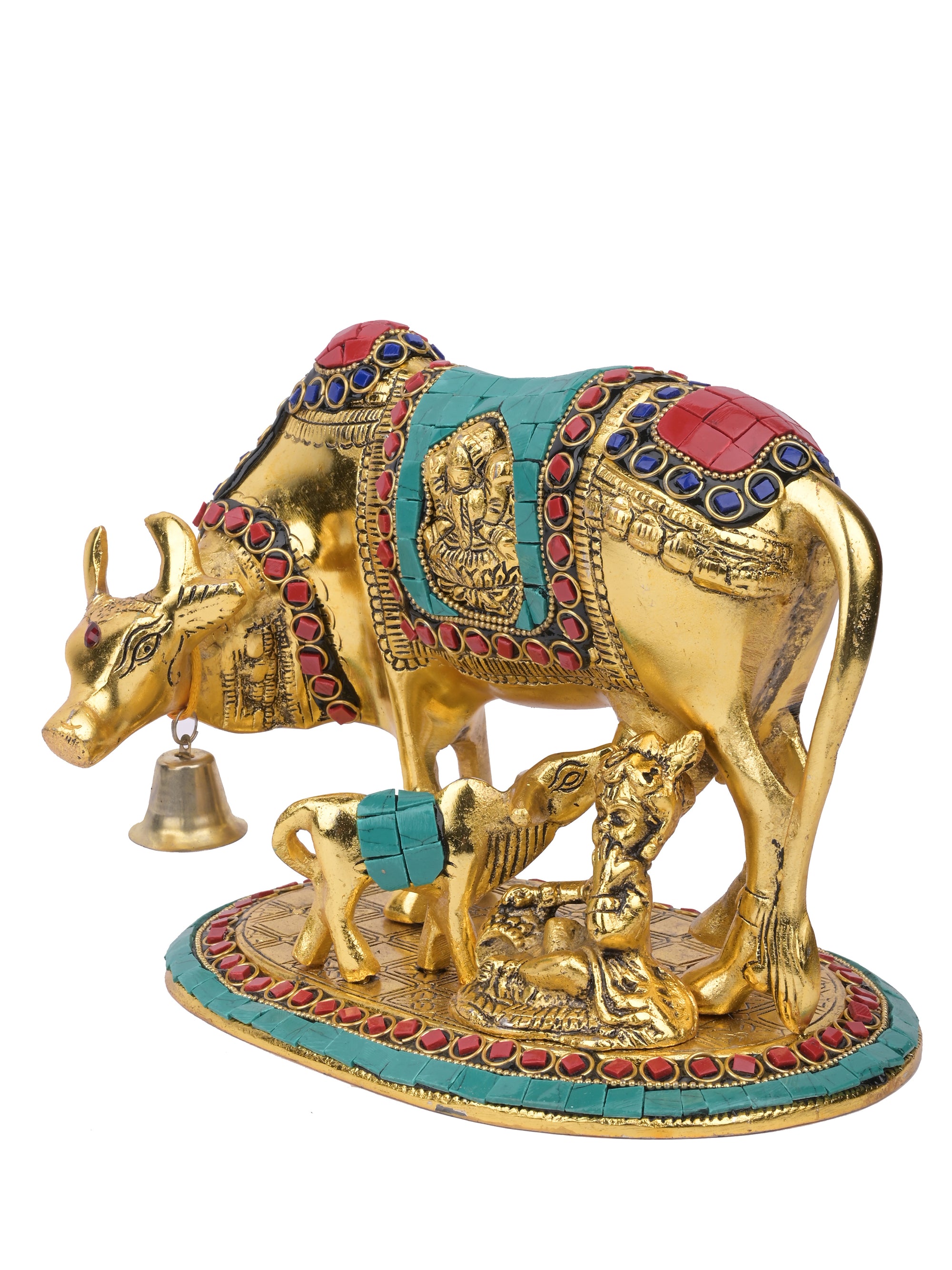 Solid aluminum crafted, gold finish,  Kamdhenu cow with calf staue - The Heritage Artifacts