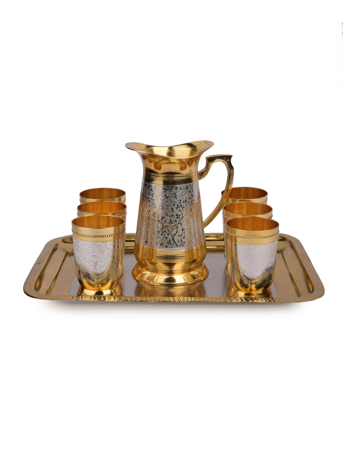 Brass made Stylish Drinkware set consisting of 1 Jug, 6 Glasses and 1 Tray in a Velvet Gift Box - The Heritage Artifacts
