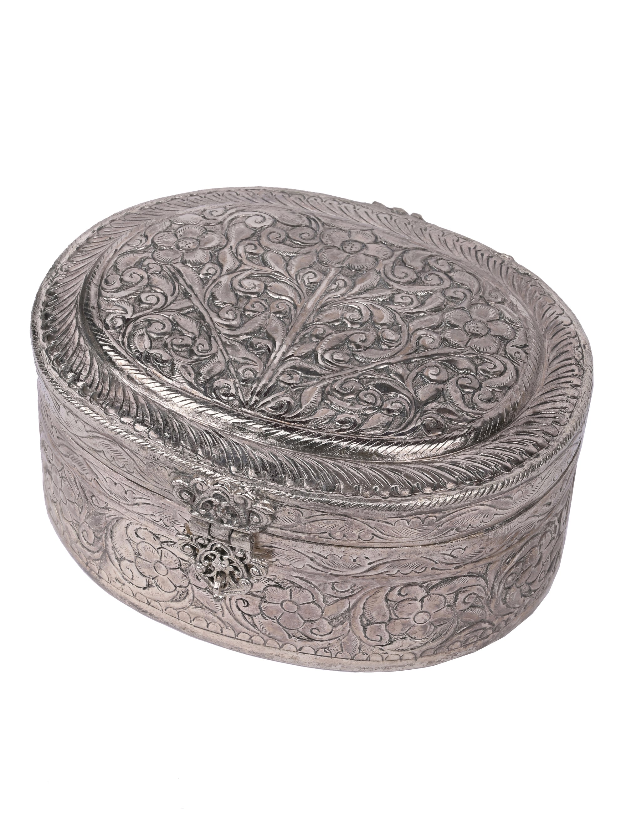 Brass crafted oval Jewellery box with oxidised silver finish - The Heritage Artifacts