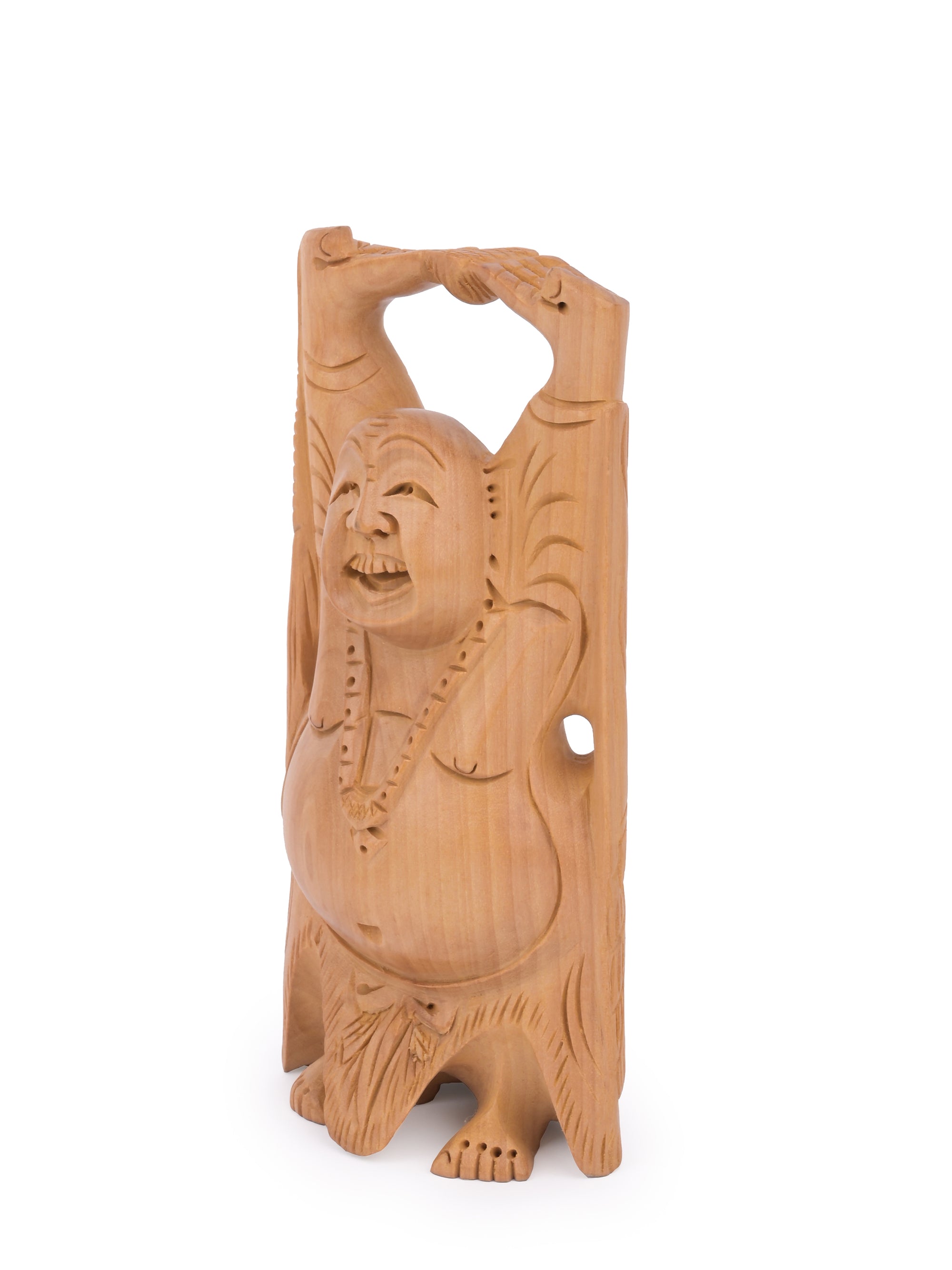 6 inches height Laughing Buddha decor piece made of Kadam wood - The Heritage Artifacts