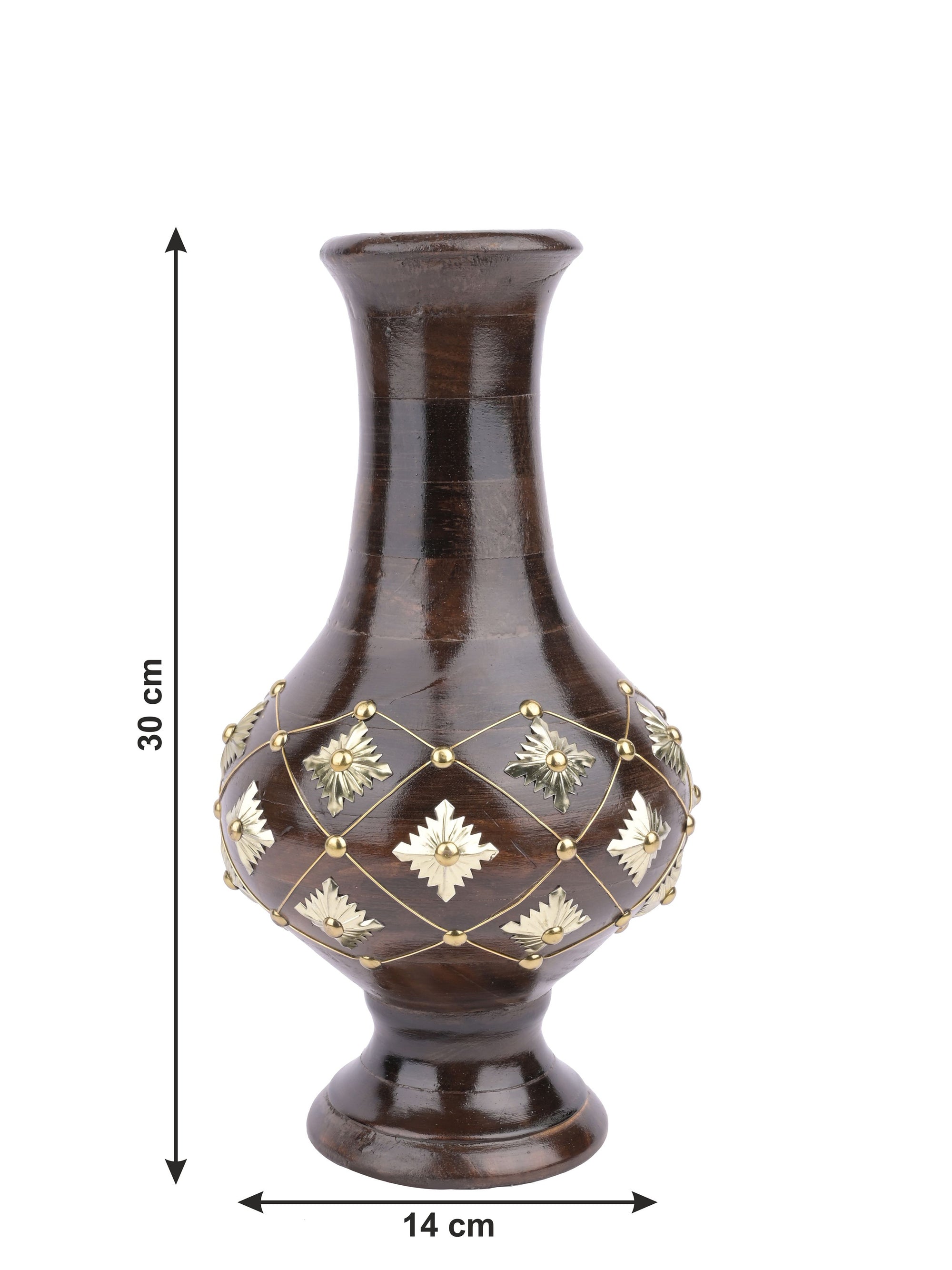 Wooden flower vase with brass decoration - 12 inches in height - The Heritage Artifacts