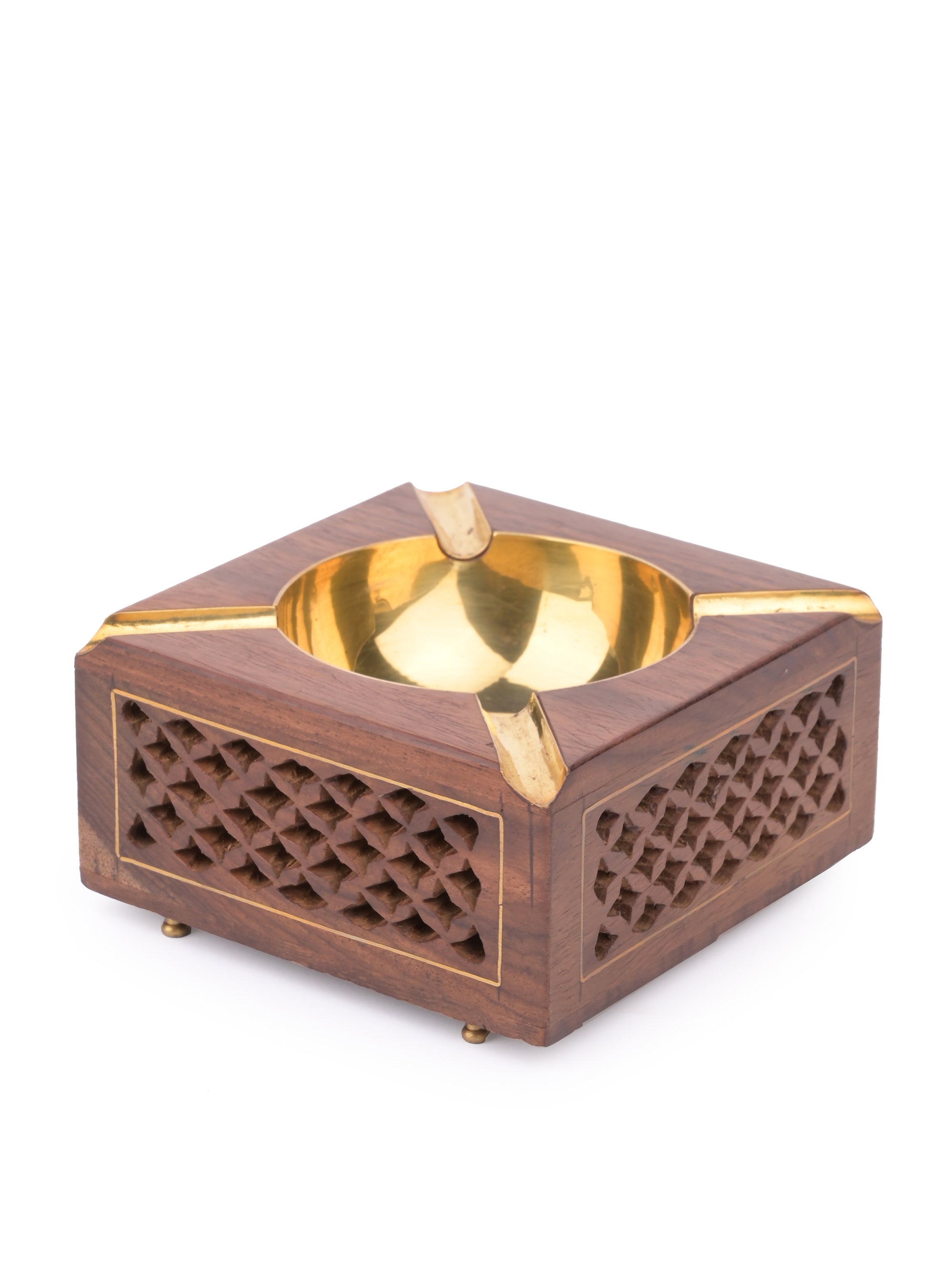 Square wooden Ashtray with Brass top and Jaali work on the sides - The Heritage Artifacts