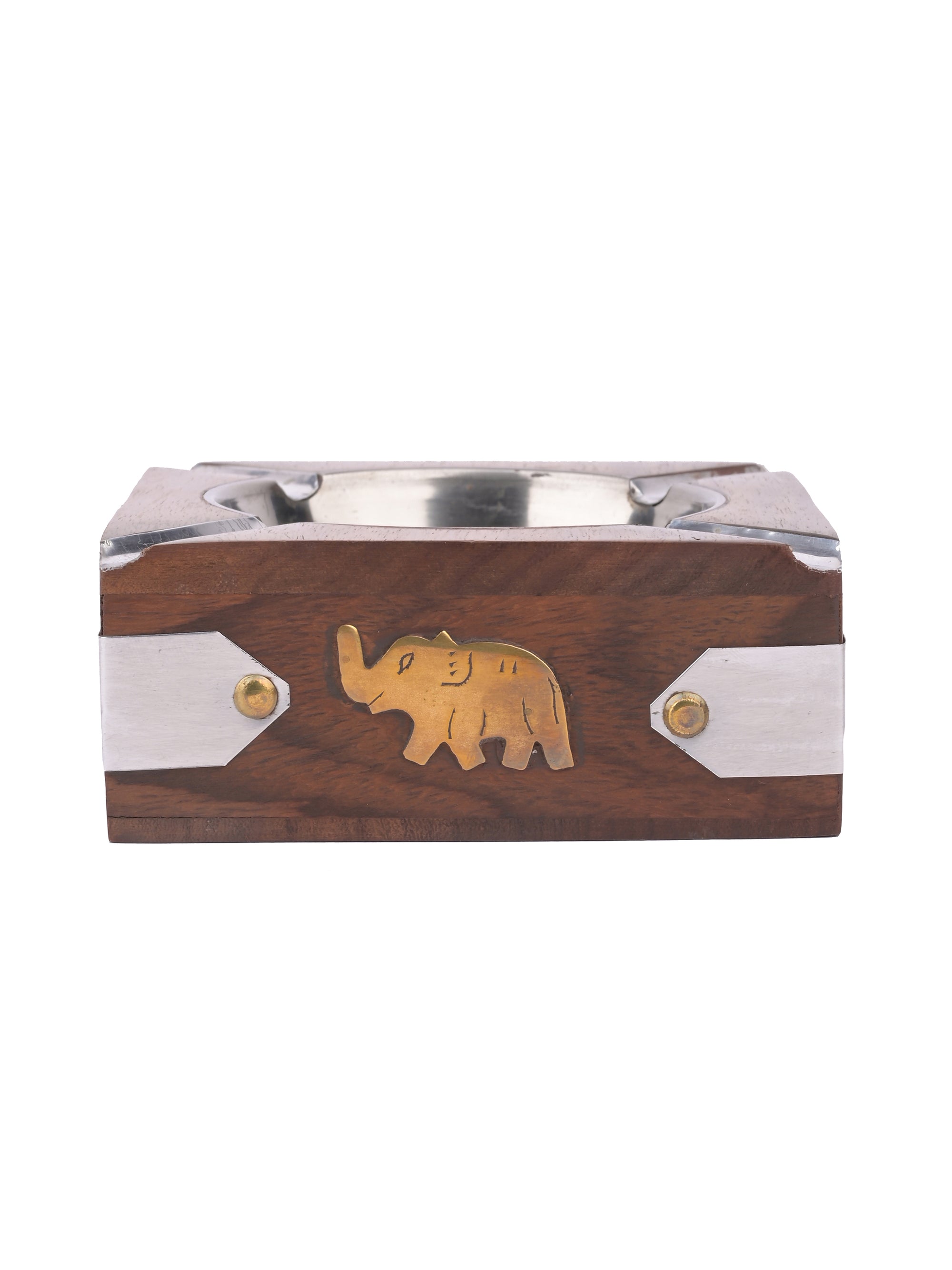 Square Wooden Ashtray with Metal Top and Elephant design on the side - The Heritage Artifacts