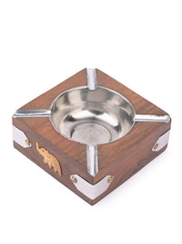 Square Wooden Ashtray with Metal Top and Elephant design on the side - The Heritage Artifacts