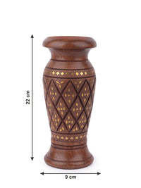 Wood crafted Flower Vase with Brass Inlay work - 9 inches height - The Heritage Artifacts