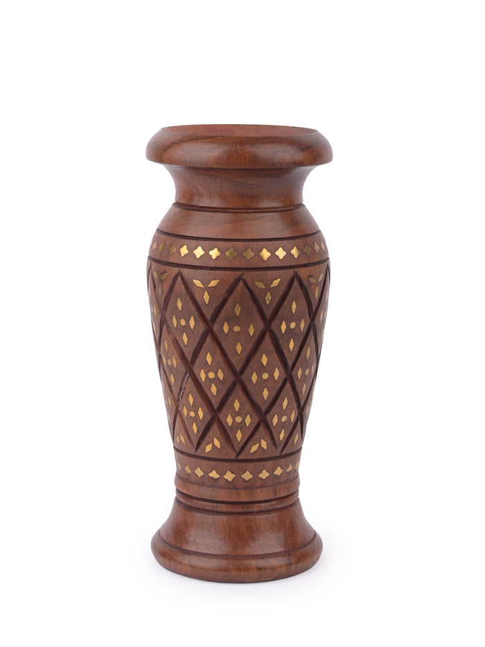 Wood crafted Flower Vase with Brass Inlay work - 9 inches height - The Heritage Artifacts