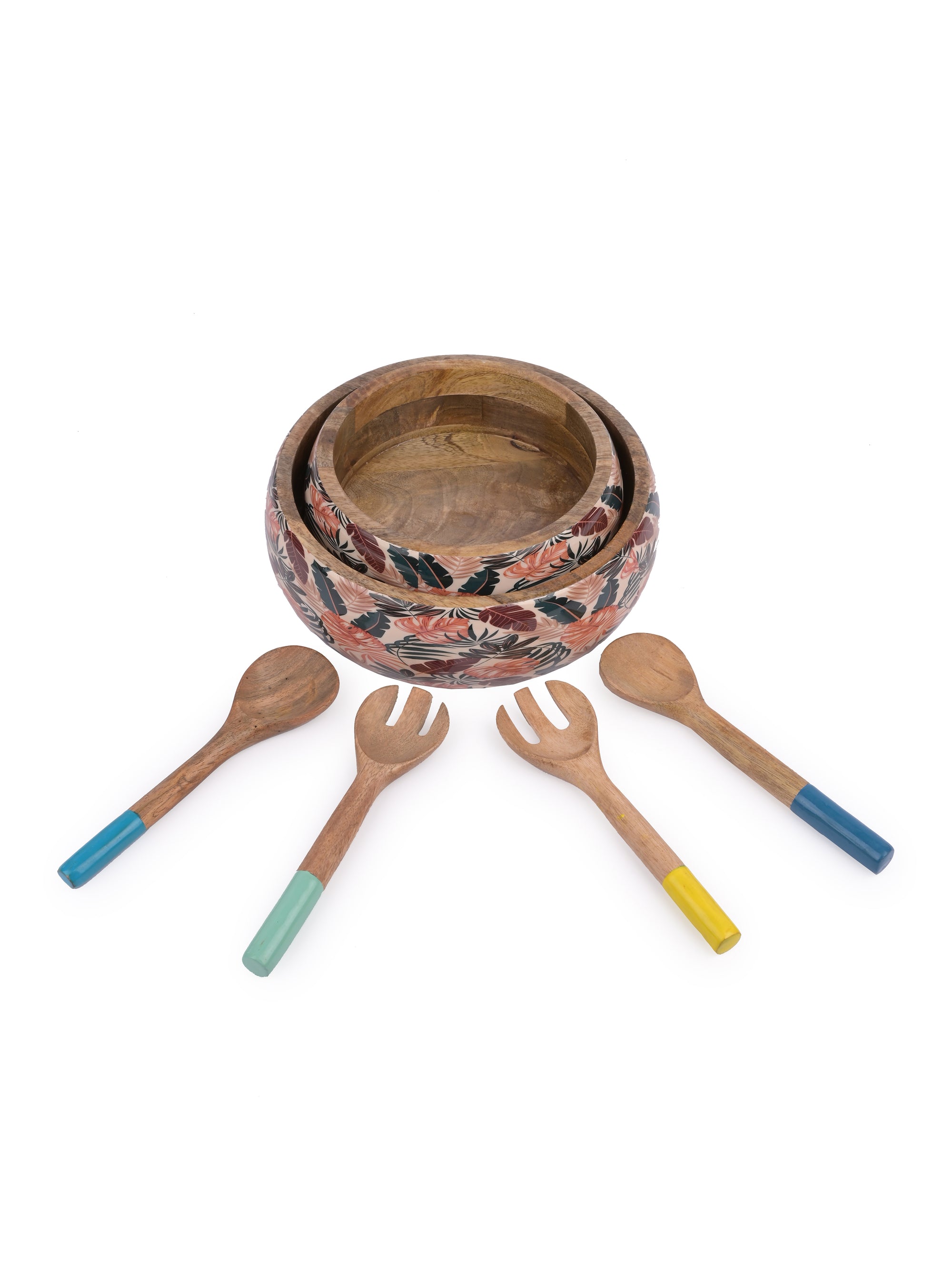Multi color enamel printed wooden serving bowl set - The Heritage Artifacts
