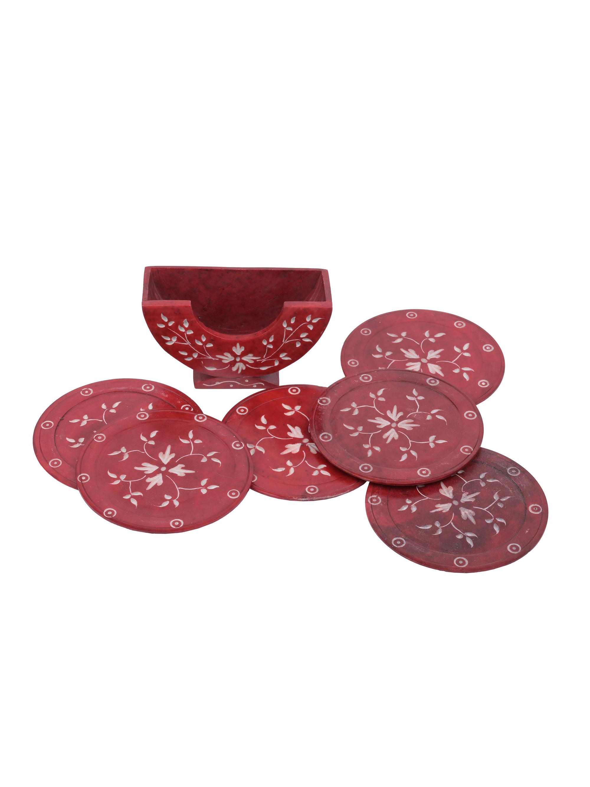 6 pcs hand crafted coaster set with stand made of red soapstone - The Heritage Artifacts