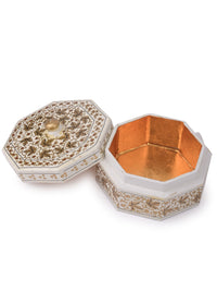 White and Gold Hexagonal shaped small paper mache storage box - The Heritage Artifacts
