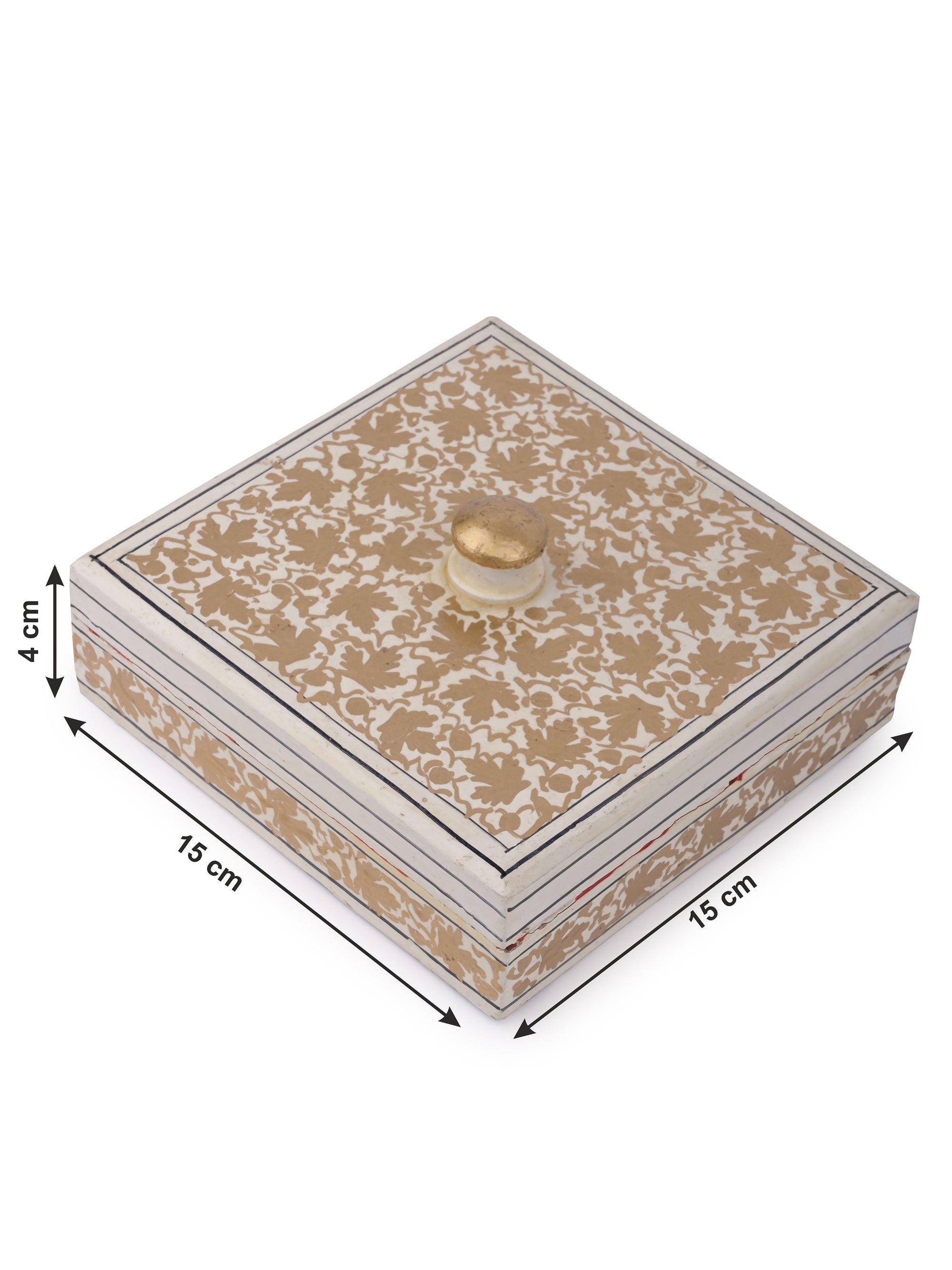 White and Gold Square shaped small paper mache storage box - The Heritage Artifacts
