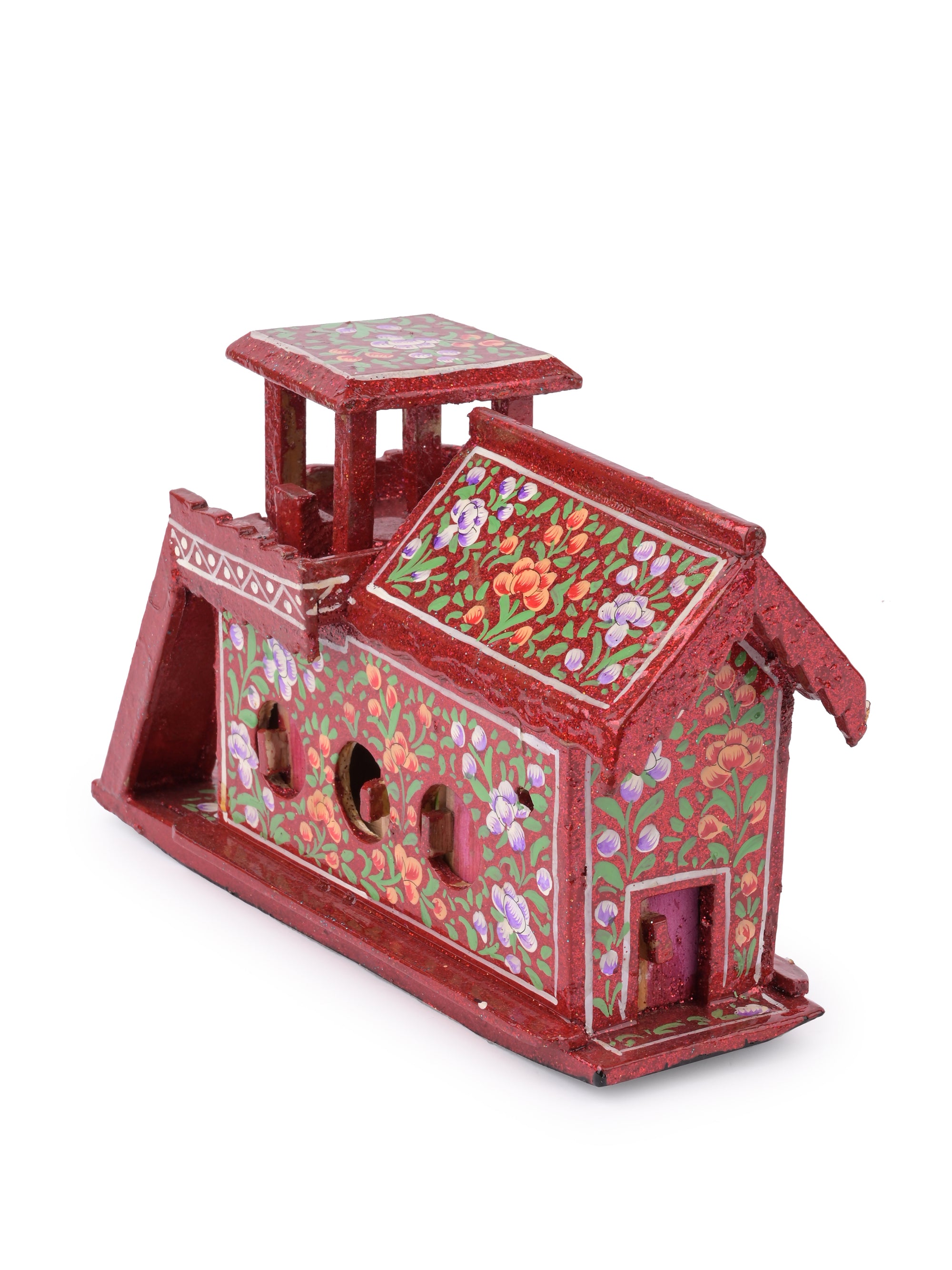 Bright Red color Paper Mache House Boat, Decorative Showpiece - The Heritage Artifacts