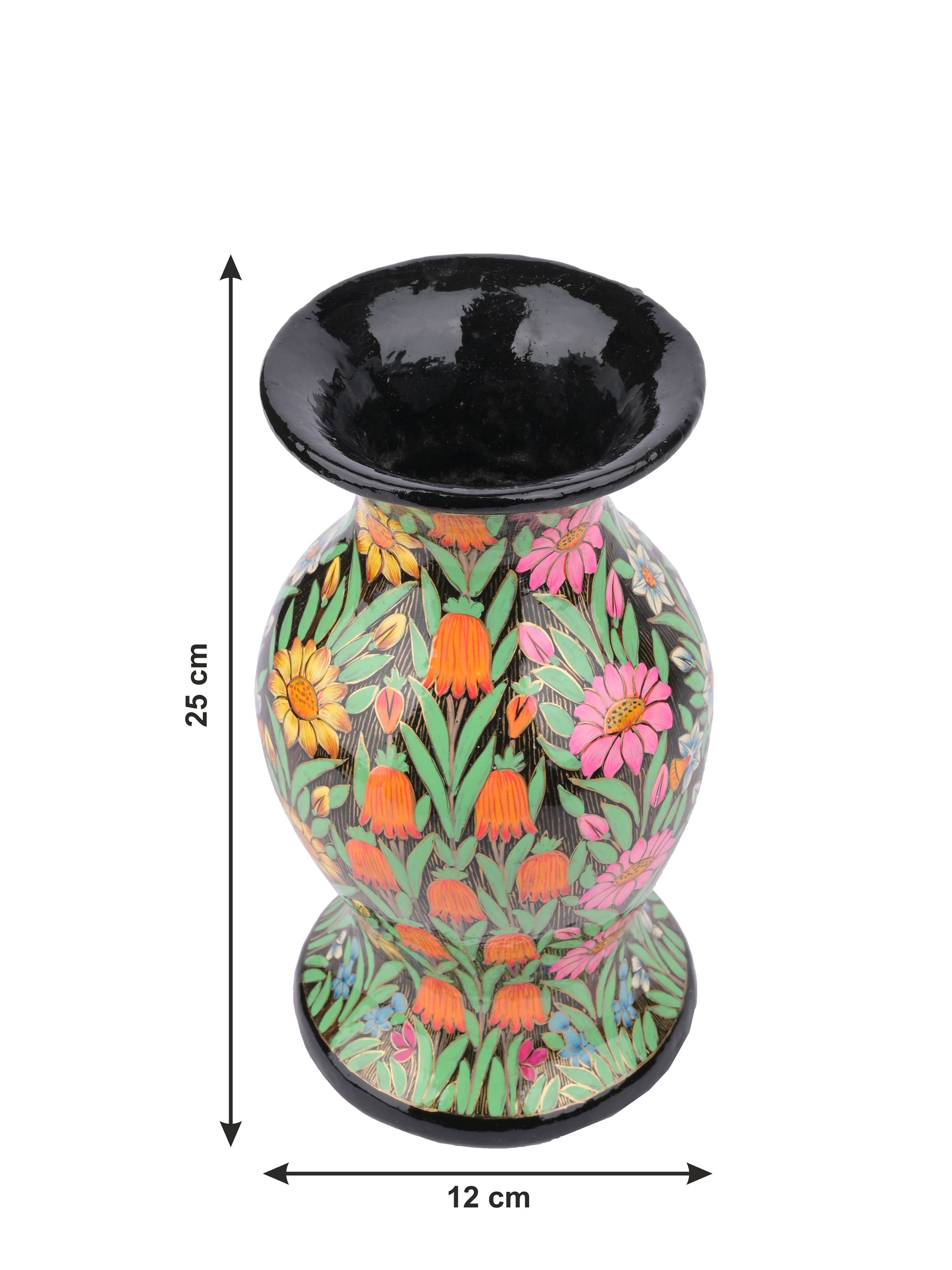 10 inches Paper Mache Vase with colorful flowers painted on Black background - The Heritage Artifacts