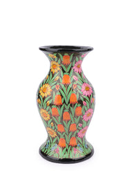 10 inches Paper Mache Vase with colorful flowers painted on Black background - The Heritage Artifacts