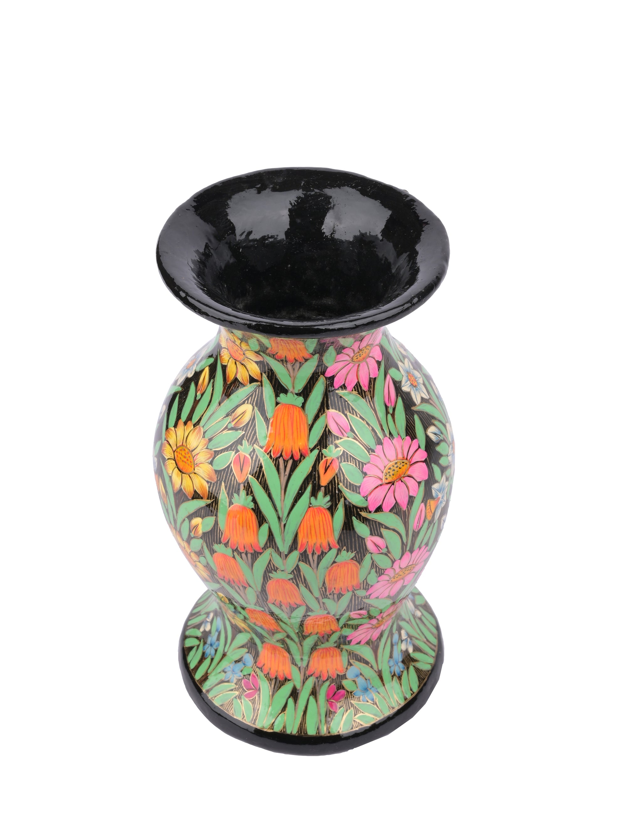 10 inches Paper Mache Vase with colorful flowers painted on Black background - The Heritage Artifacts