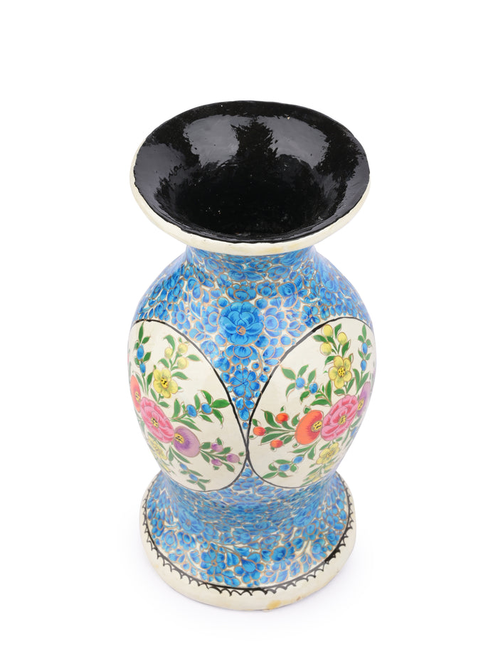 10 inches Paper Mache Vase with Blue and White floral painting - The Heritage Artifacts